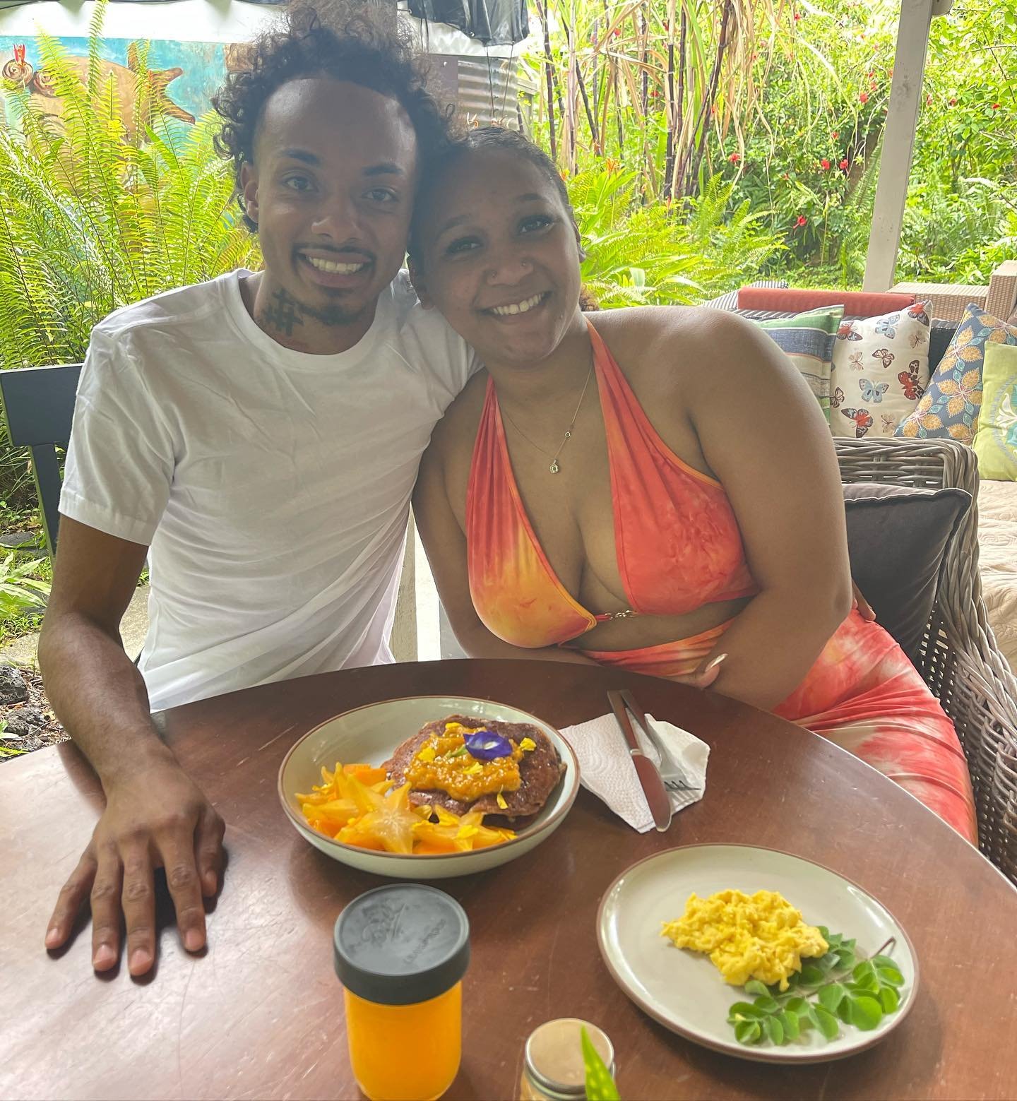 Start your morning Aloha style with Wai Mana Breakfast at your stay 100% Aina foods made with Aloha here is our guests visiting from Washington full of smiles eating our Vegan Gluten Free Ulu Pancakes topped with Calendula Mango Preserves, farm fresh