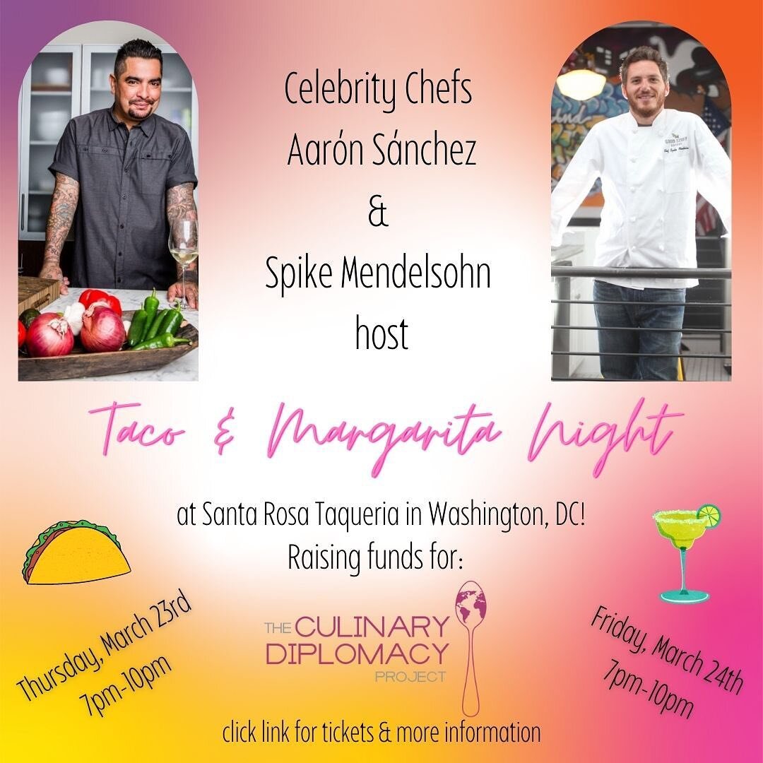 Want to come out and support a great cause, eat some delicious food &amp; meet celebrity chefs? Join @chefaaronsanchez &amp; @spikethechef on March 23rd or March 24th for a fun night of food &amp; drinks while helping to support the Culinary Diplomac