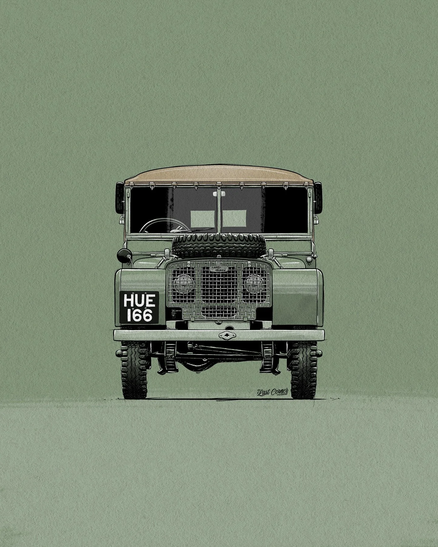 LAND ROVER SERIES I 1948
Handmade illustration of the first pre-production Land Rover.
It is easily recognisable by its Grasmere green colour and its registration number HUE 166.
It is now kept @britishmotormuseum, Gaydon, UK.
.
#landrover #series1 #