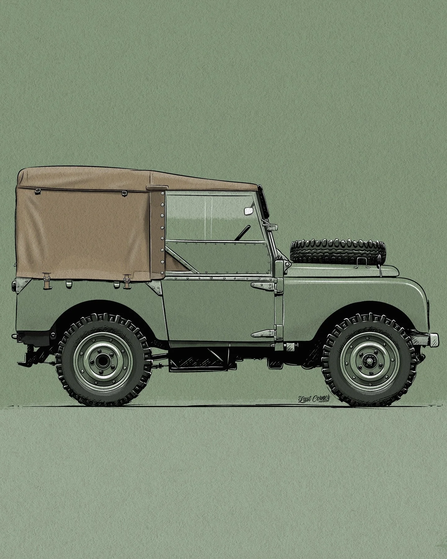 LAND ROVER SERIES I 1948
Hand made side view illustration of the first pre-production Land Rover.
It is easily recognisable by its Grasmere green colour and its registration number HUE 166.
It is now kept @britishmotormuseum, Gaydon, UK.
.
#landrover