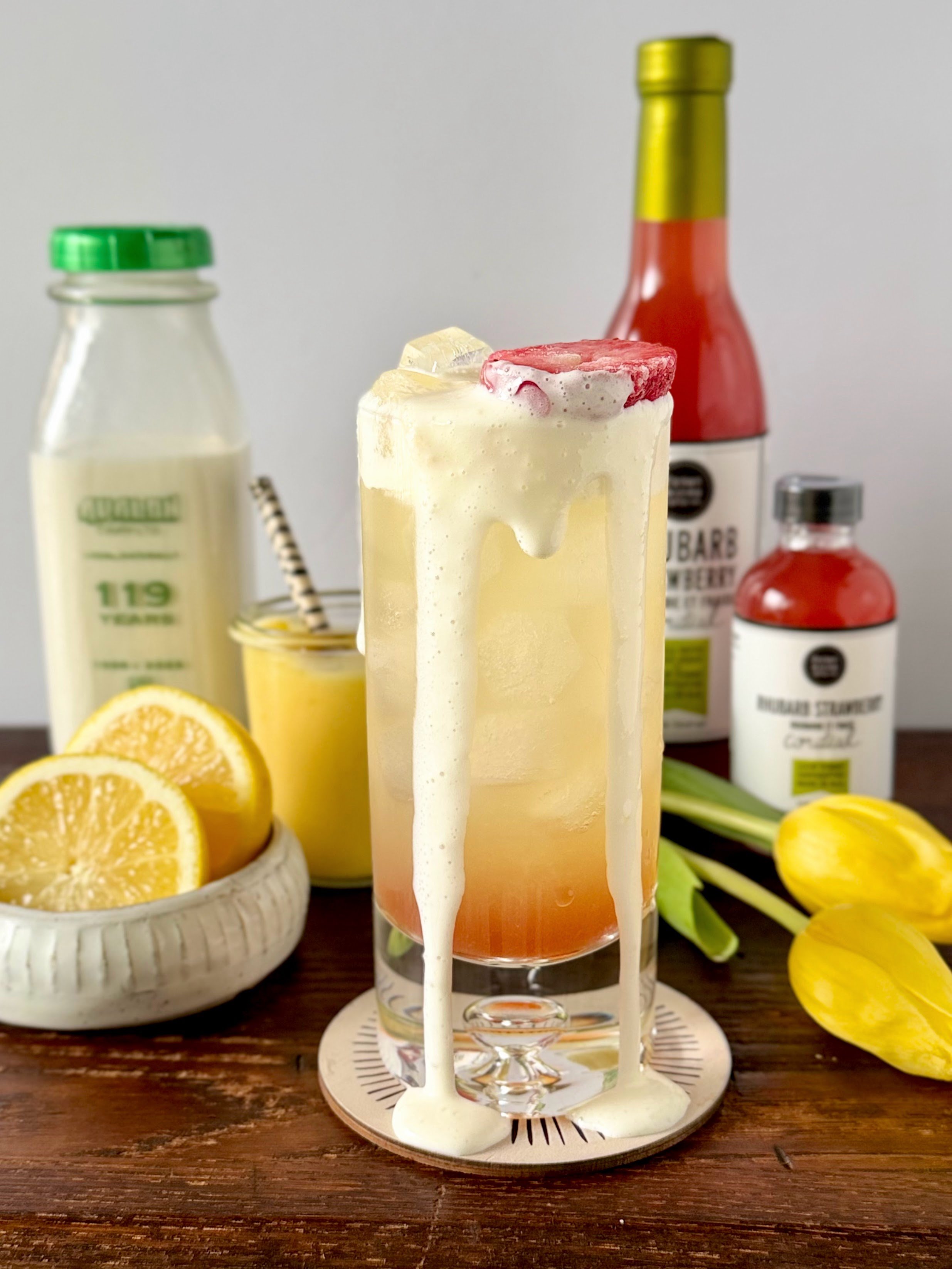 Rhubarb Strawberry Lemonade with Lemon Curd Cold Foam