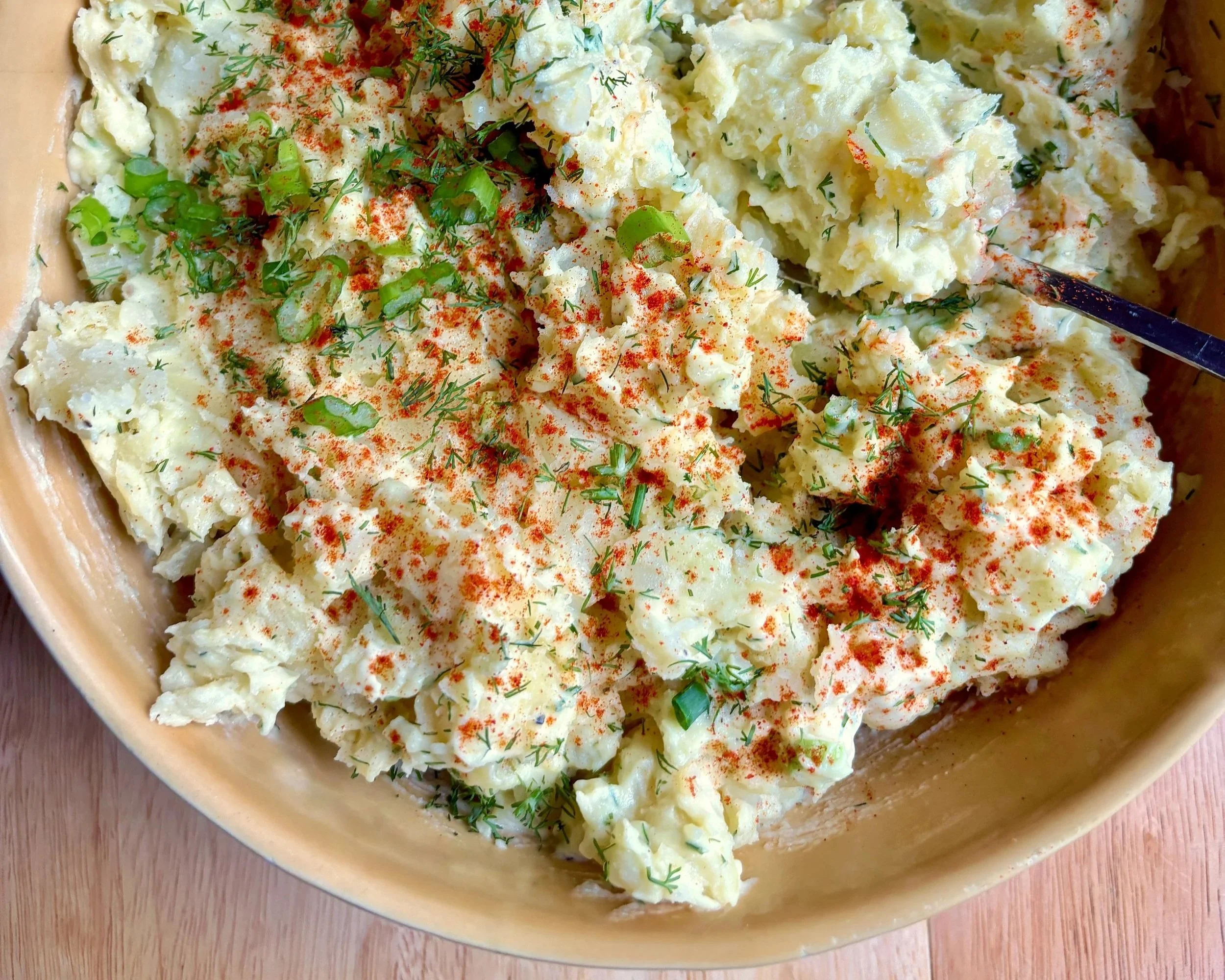 vegan and gluten free potato salad with dairy-free mayo, dijon, smoked paprika, scallions, and dill