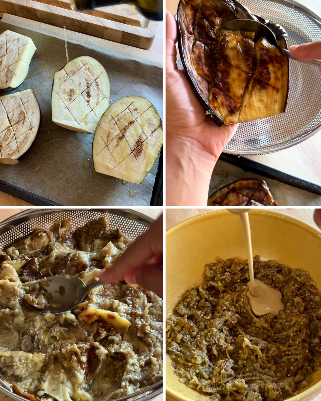 step by step baba ghanoush instructions for roasting eggplant and straining