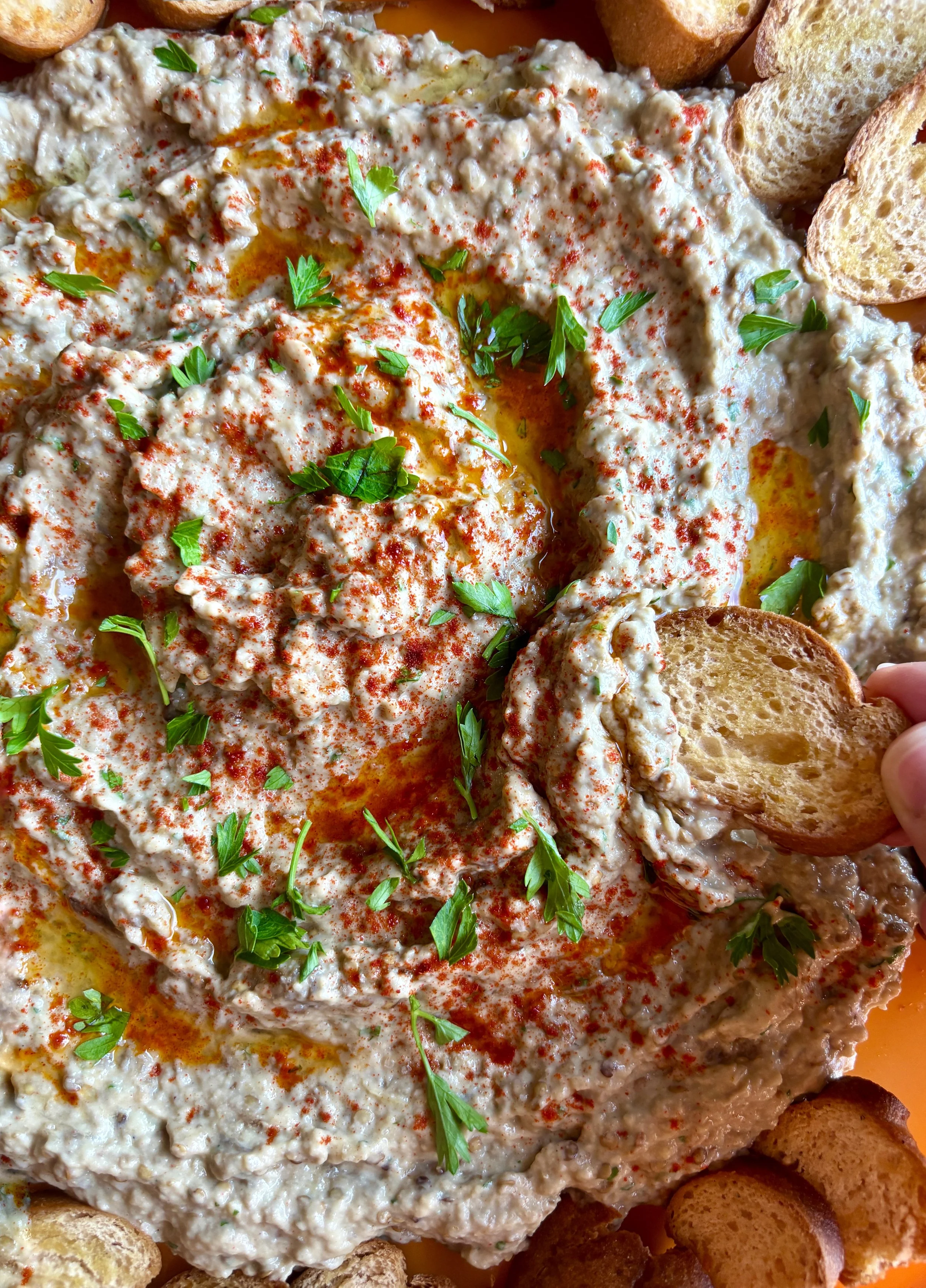 homemade baba ghanoush with baguette