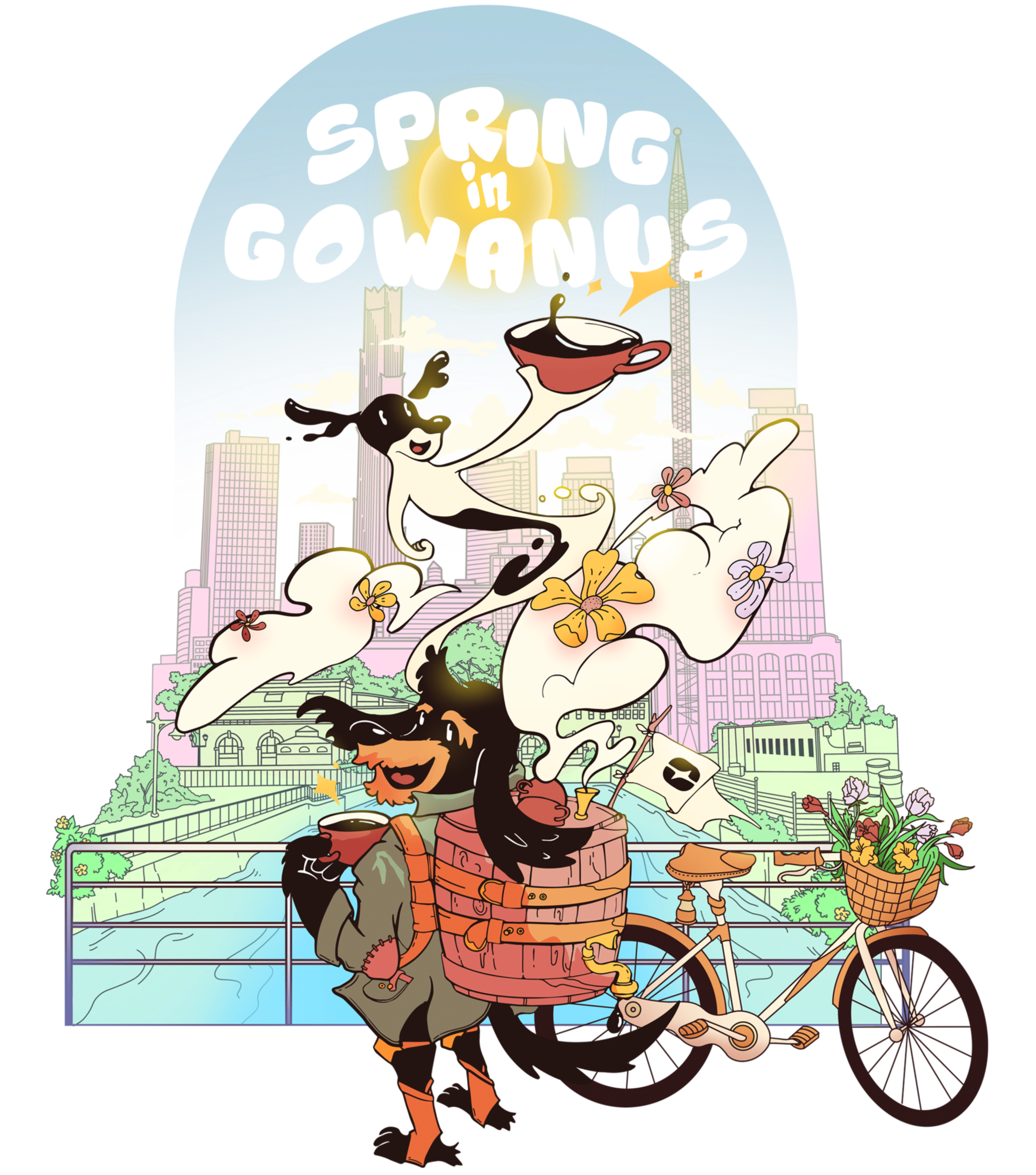 Illustration of a dog character riding a bicycle through a cityscape with flowers, a basket of vegetables, and the words 'Spring in Gowanus' with a bright sun in the background.