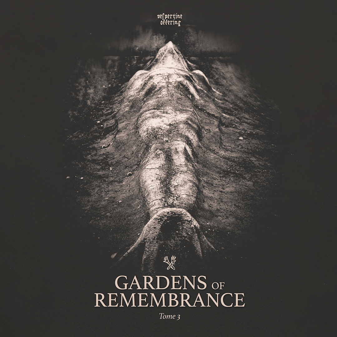 Black and white image of a crocodile submerged in water, viewed from above. Text at the top reads 'Vesperine Offering,' and at the bottom, 'Gardens of Remembrance, Tome 3.'