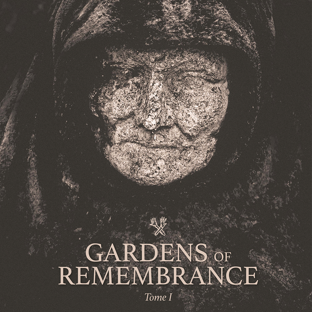 Close-up of a somber stone sculpture of a woman's face with closed eyes, wearing a headscarf, on the cover of a book titled 'Gardens of Remembrance, Tome I'.