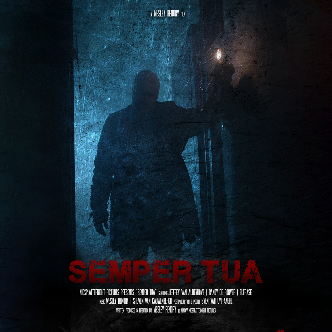 Dark movie poster featuring a silhouette of a man walking down a dimly lit hallway with a small light in the background. The title "Semper Tua" is written in bold red letters at the bottom.