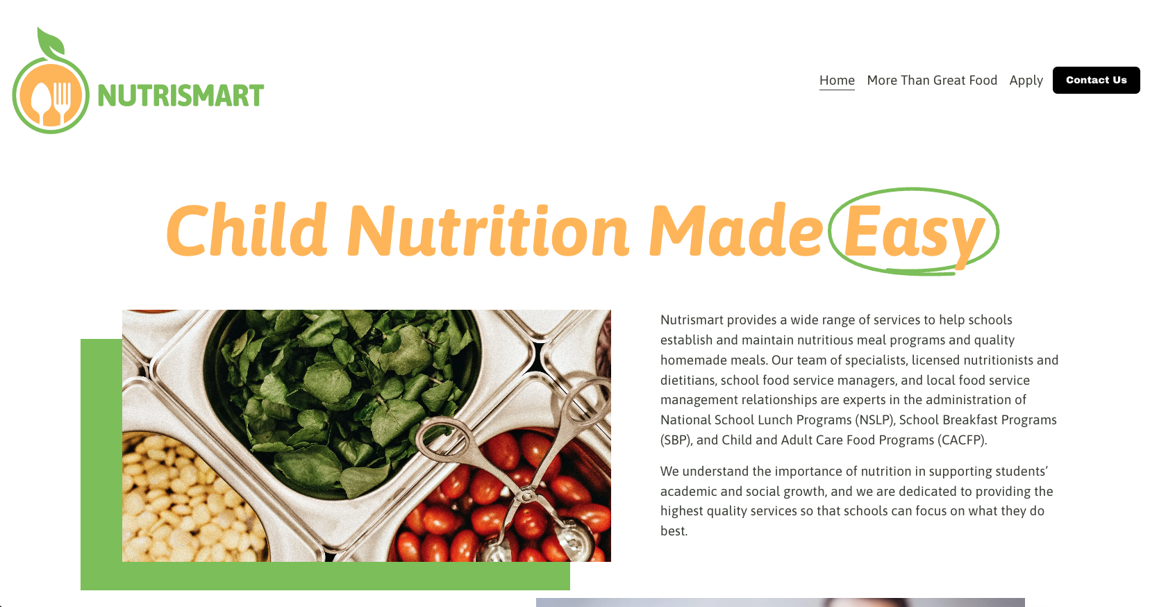 Website homepage for Nutrismart with a logo of a leaf and a cutlery icon, a headline 'Child Nutrition Made Easy', and an image of vegetables and grains in food service trays.