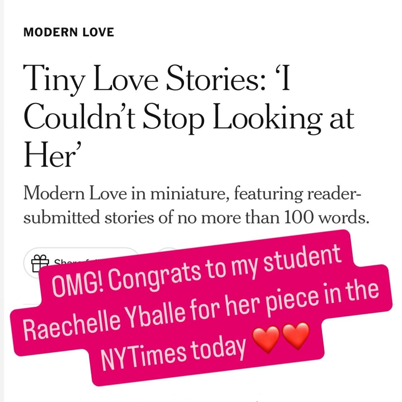 !! Huge congrats to Raechelle for sharing her love story with the world via the NYTimes this holiday weekend ❤️👏 I&rsquo;m honored to have read your drafts in my summer workshop hosted by @writingworkshopsofficial &mdash;- and cheering you on! Link 