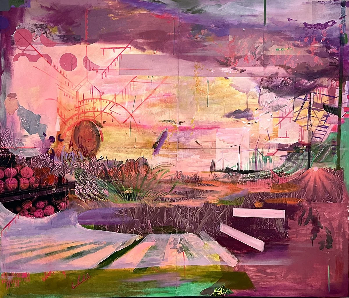 Skyward, 72" x 84", acrylic, oil and collaged digital prints on canvas