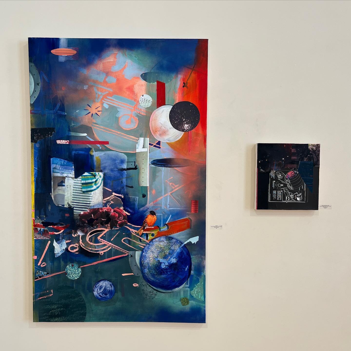 I&rsquo;m liking the relationship between these two. &lsquo;Levitate&rsquo;, 60&rdquo;x 36&rdquo; and &lsquo;Parts of Something Larger&rsquo;, 13&rdquo;x14&rdquo; at Pendleton Center for the Arts this past month.