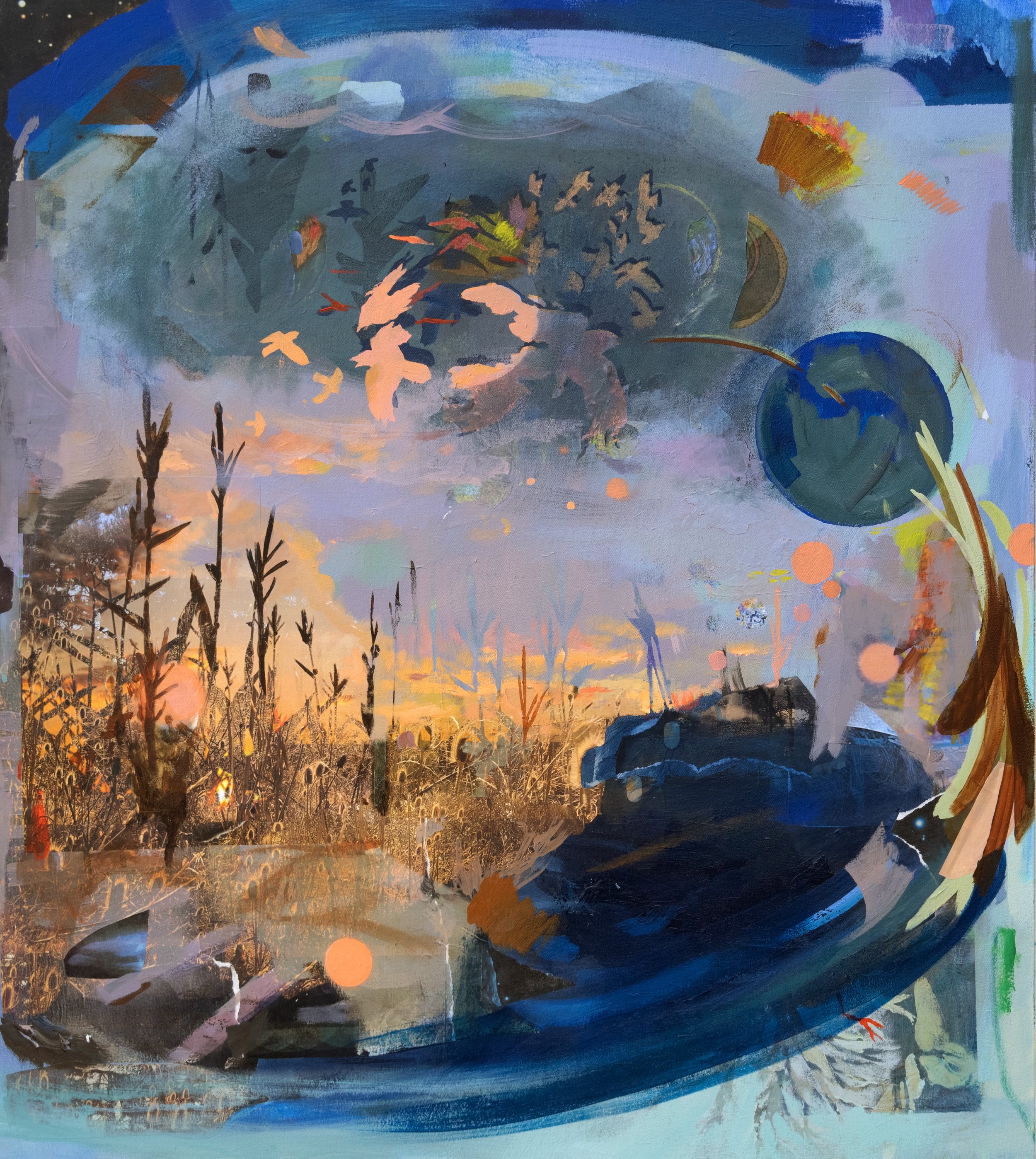 Seeds, Sparks, 36" x 32" acrylic and collaged digital prints on canvas