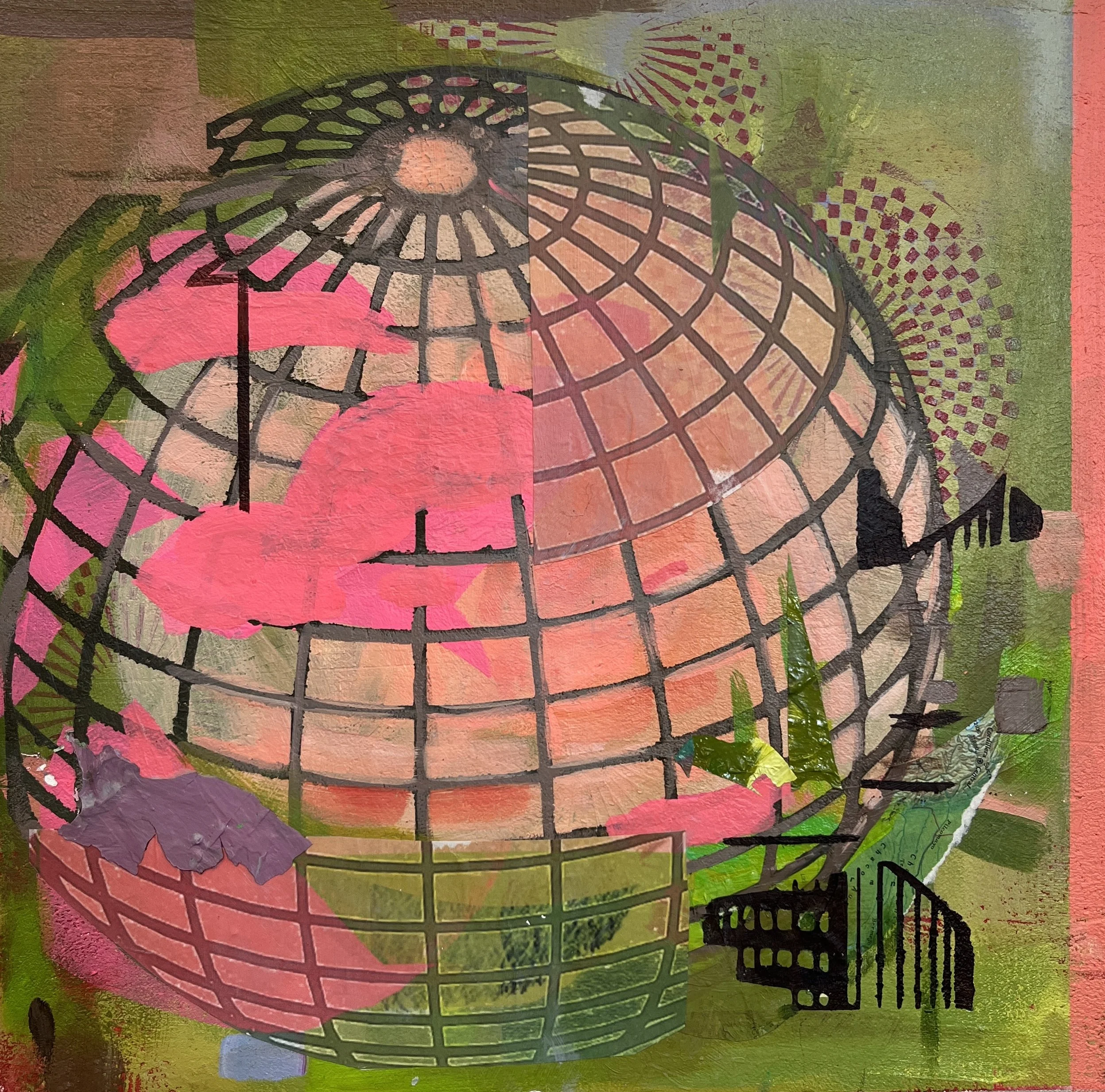 Overview, 14" x 13", acrylic and collaged digital prints on canvas