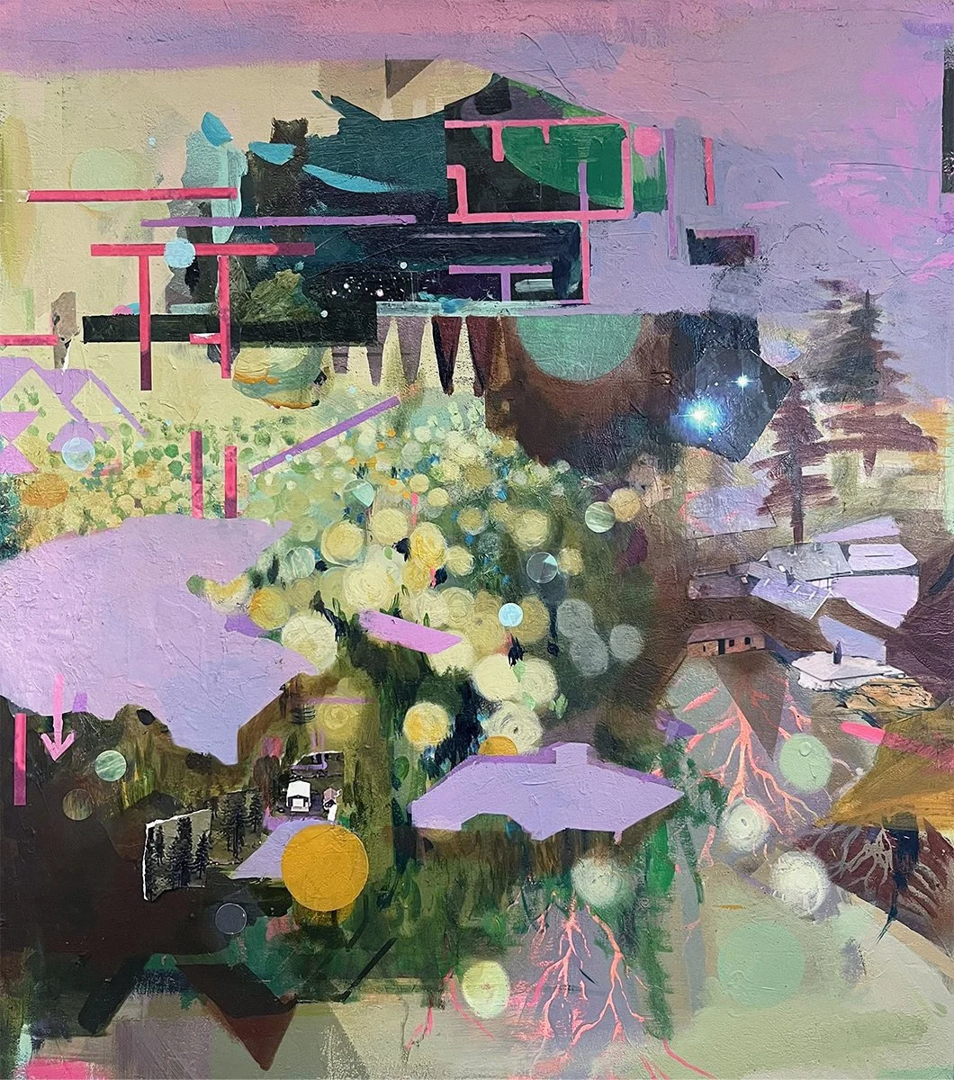 Untethered, 36" x 32" acrylic and collaged digital prints on canvas
