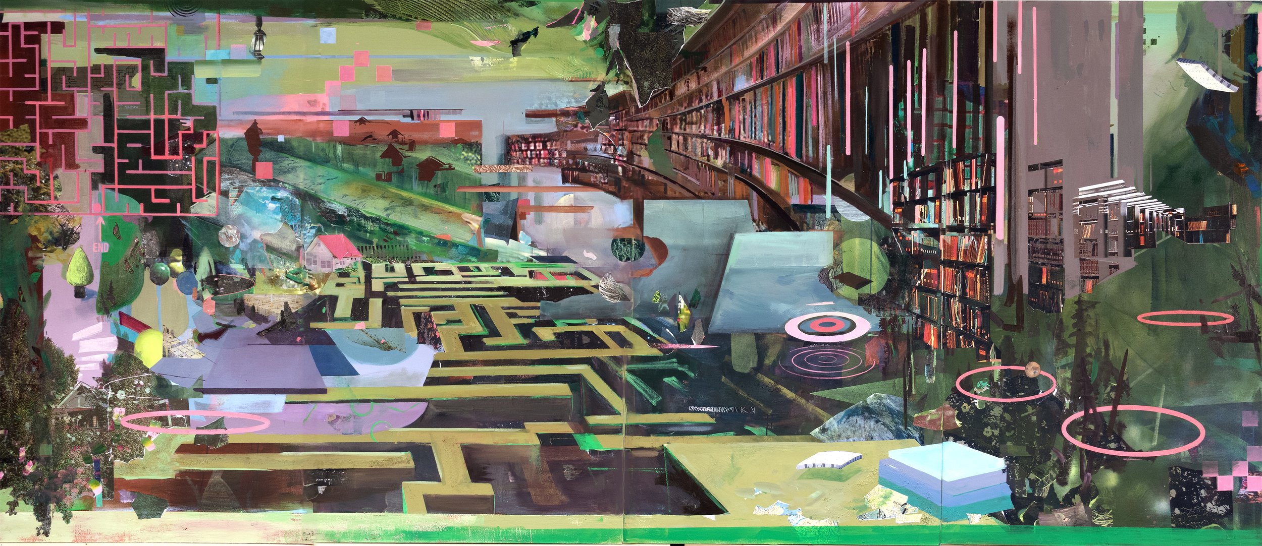 The Long Way Through, 72" x 168", acrylic, oil and collaged digital prints on canvas