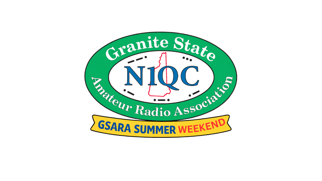 Logo of the Nebraska QSO Party featuring a green oval with black background and a blue radio tower illustration in the center, surrounded by text indicating the Nebraska QSO Party, Nebraska Amateur Radio Association, and GSARA Summer Weekend in yellow and red banner at the bottom.