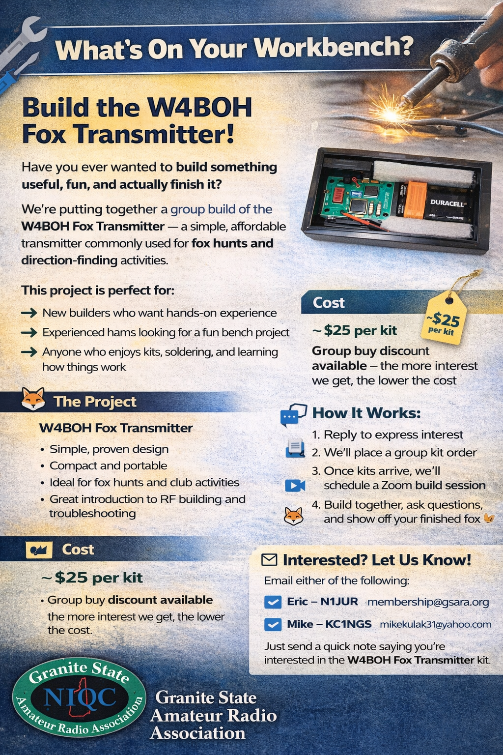 Flyer advertising the W4BOH Fox Transmitter project by the Granite State Amateur Radio Association. It includes a picture of the transmitter kit, project details, cost, and instructions for participating.