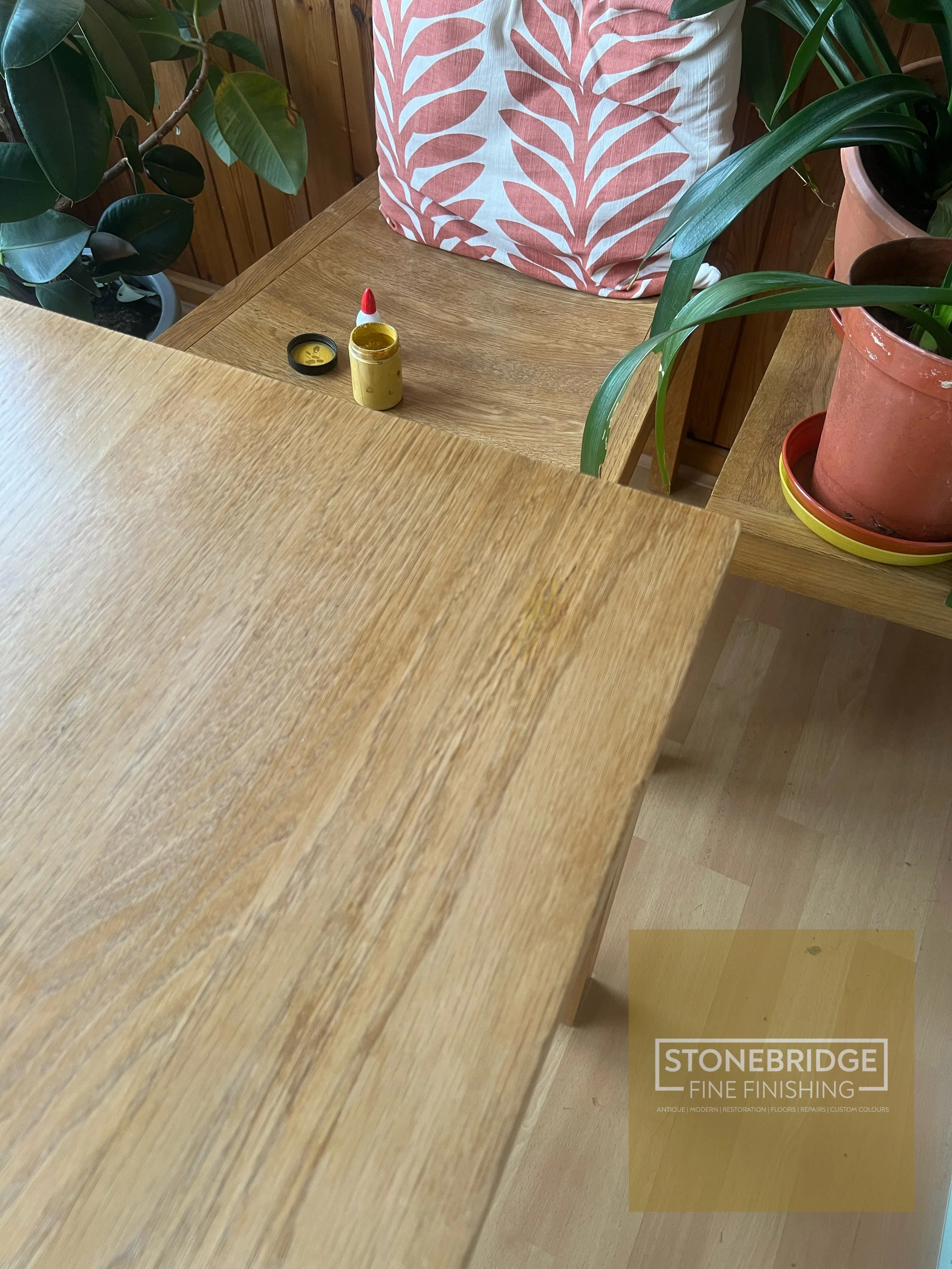 A wooden table with a small container of mustard and a red-tipped squeeze bottle, surrounded by green potted plants, with a decorative pillow featuring a reddish-brown leaf pattern in the background and a yellow and white logo in the bottom right cor