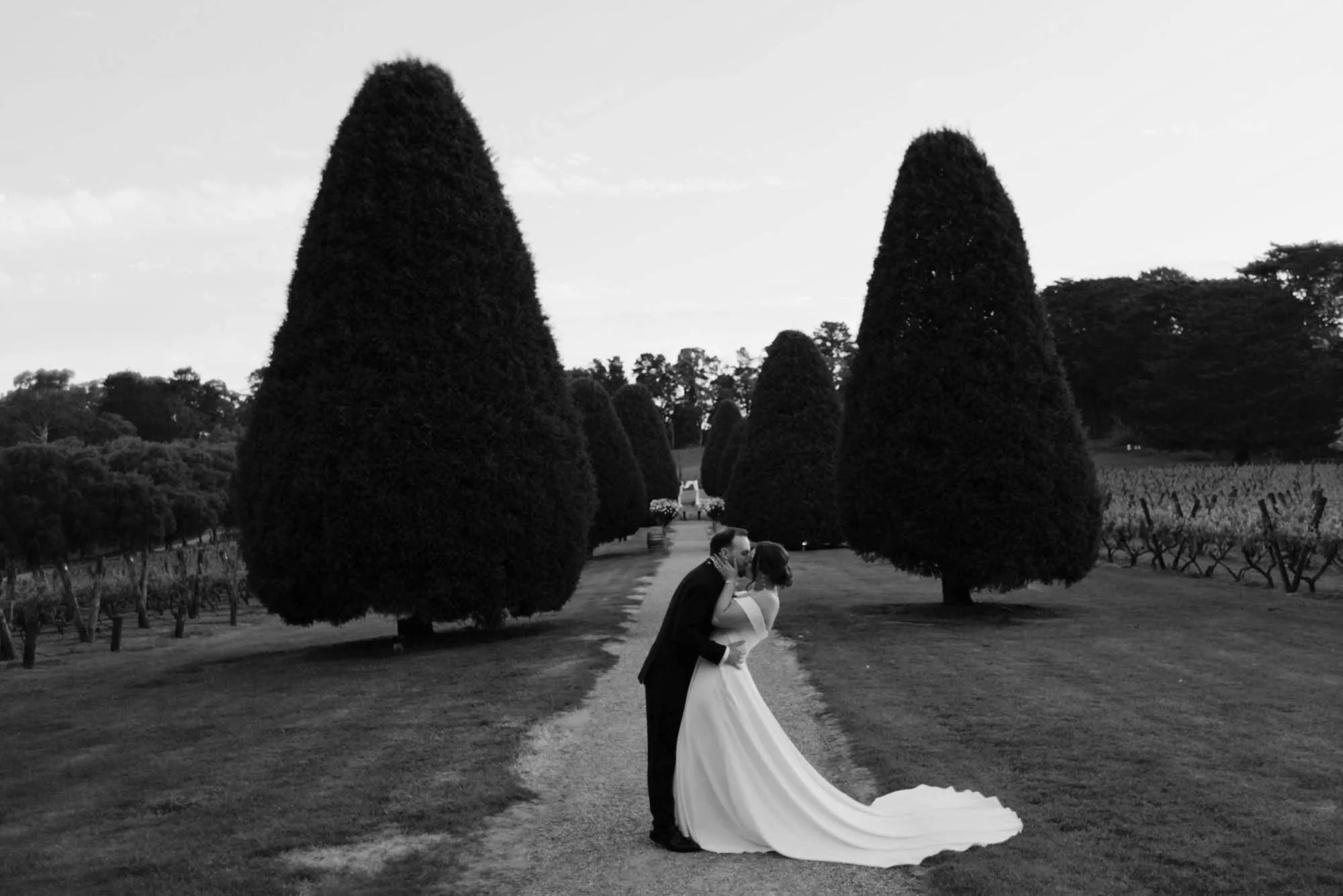 Black and white image of couple dip kissing in front of trees at Lancemore Lindenderry Red Hill, Victoria, Wedding Videography