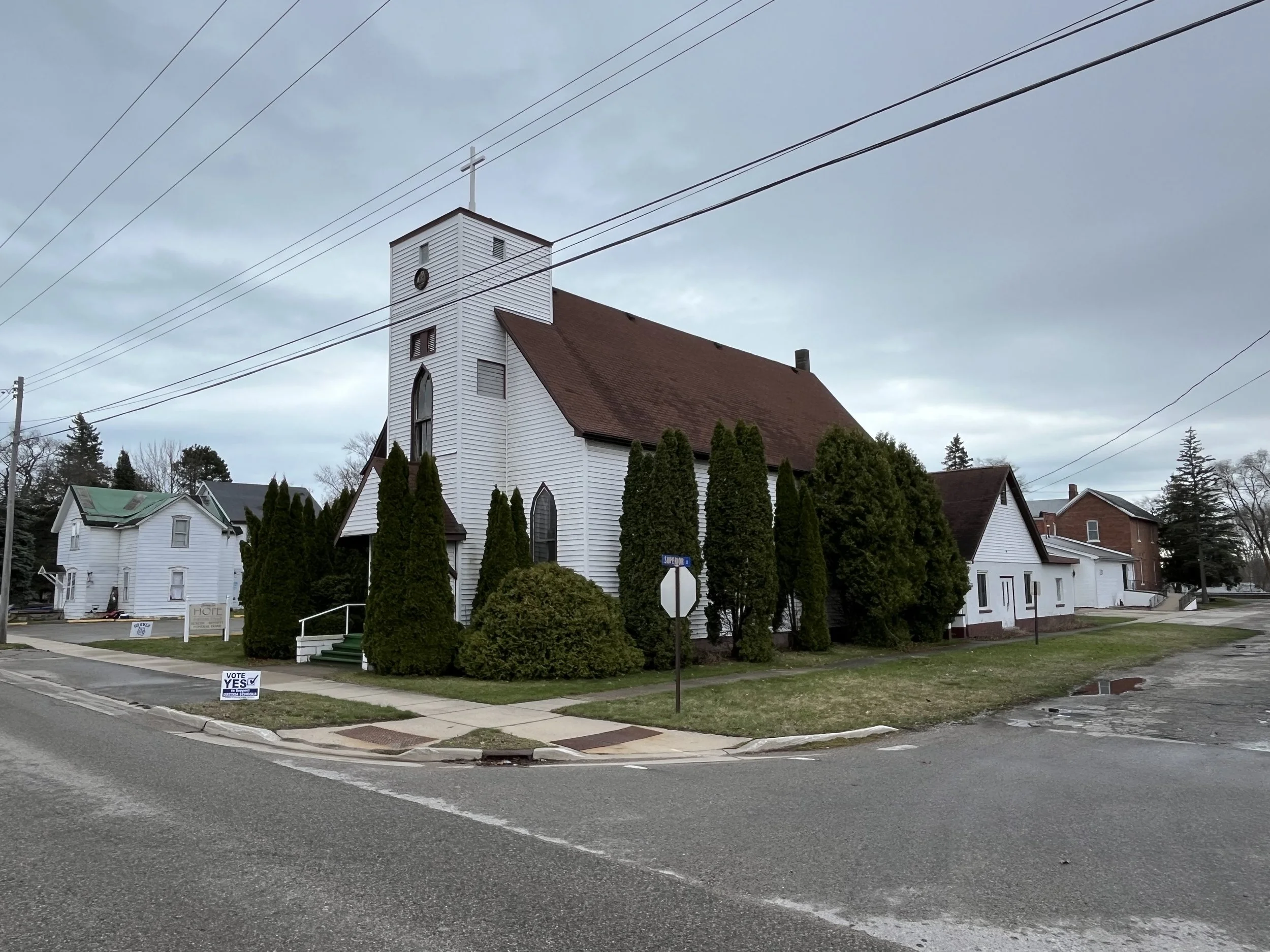 Church for sale in Oscoda, MI.  Exterior photo.