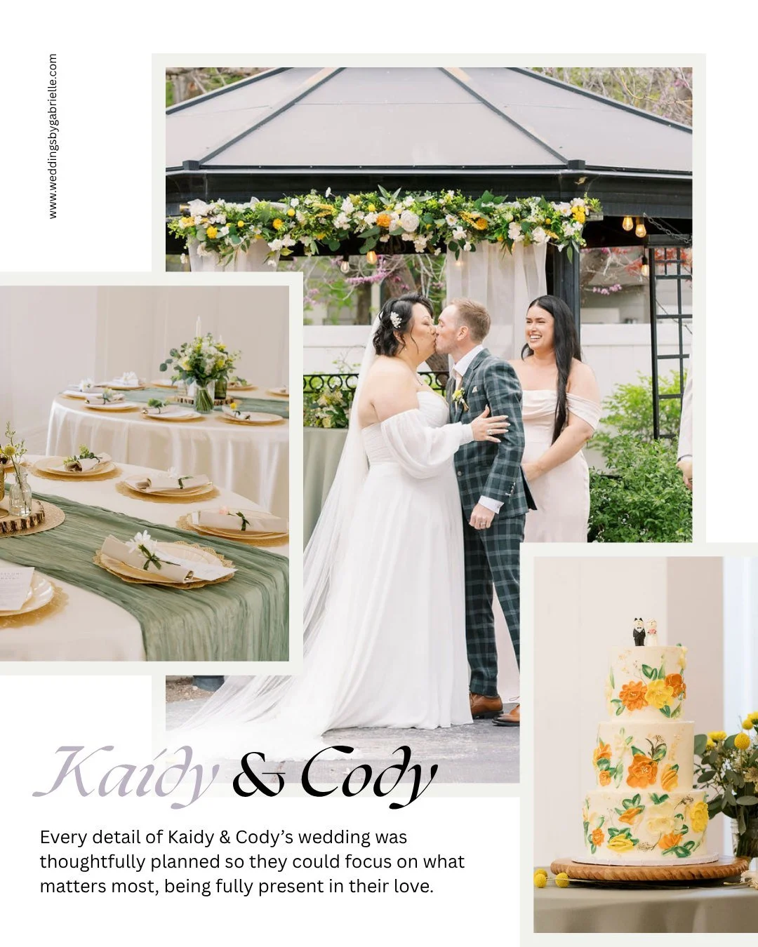 A wedding designed to reflect love, joy, and every cherished detail. ✨ 

From the florals to the tablescape, and that stunning cake, Kaidy &amp; Cody&rsquo;s day was a perfect blend of elegance and intimacy. 

At Weddings by Gabrielle, we believe you