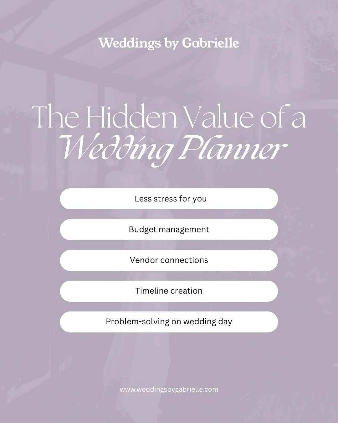 Behind every seamless wedding is a planner who handles the details you don&rsquo;t see. 

From managing budgets and building vendor connections to creating timelines and solving last-minute challenges, Weddings by Gabrielle ensures your special day i