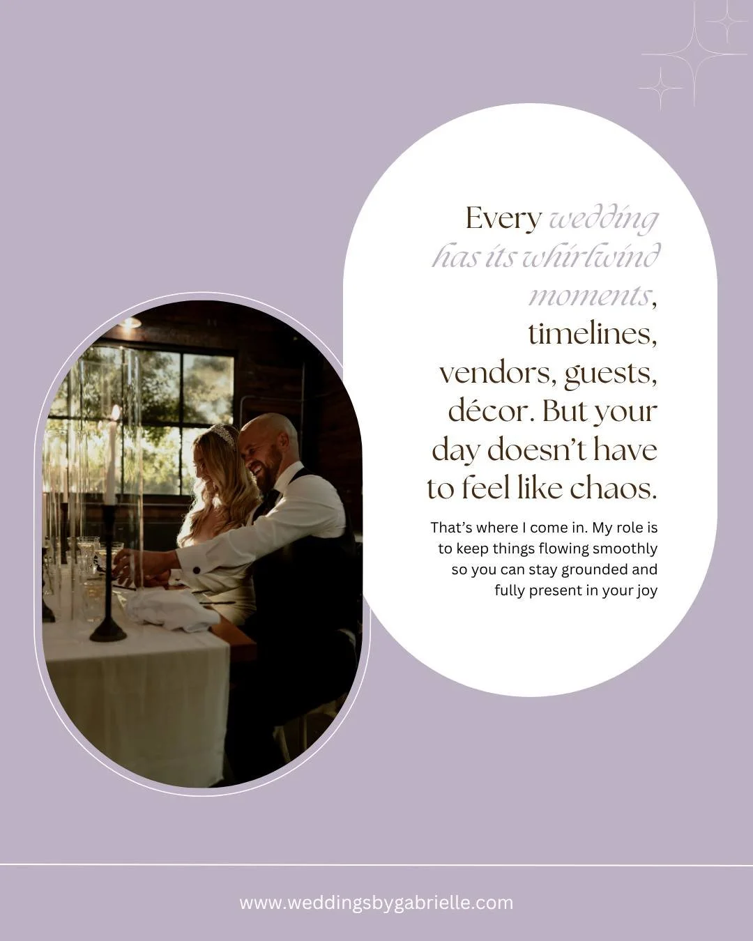 Every wedding is filled with magical, moving pieces, but that doesn’t mean your day should feel overwhelming. ✨
At Weddings by Gabrielle, every detail is orchestrated with care so you can focus on love, laughter, and living in the moment. 
Fr