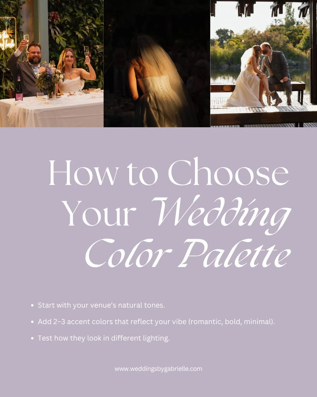 Your wedding color palette sets the tone for everything from your florals to your photos.

Begin with the hues that surround your venue, then layer in shades that tell your love story, soft pastels for romance, deep tones for drama, or neutrals for t