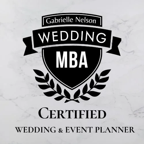 Wedding certification badge for Gabrielle Nelson, MBA, Wedding & Event Planner, with a shield and laurel design on a marble background.