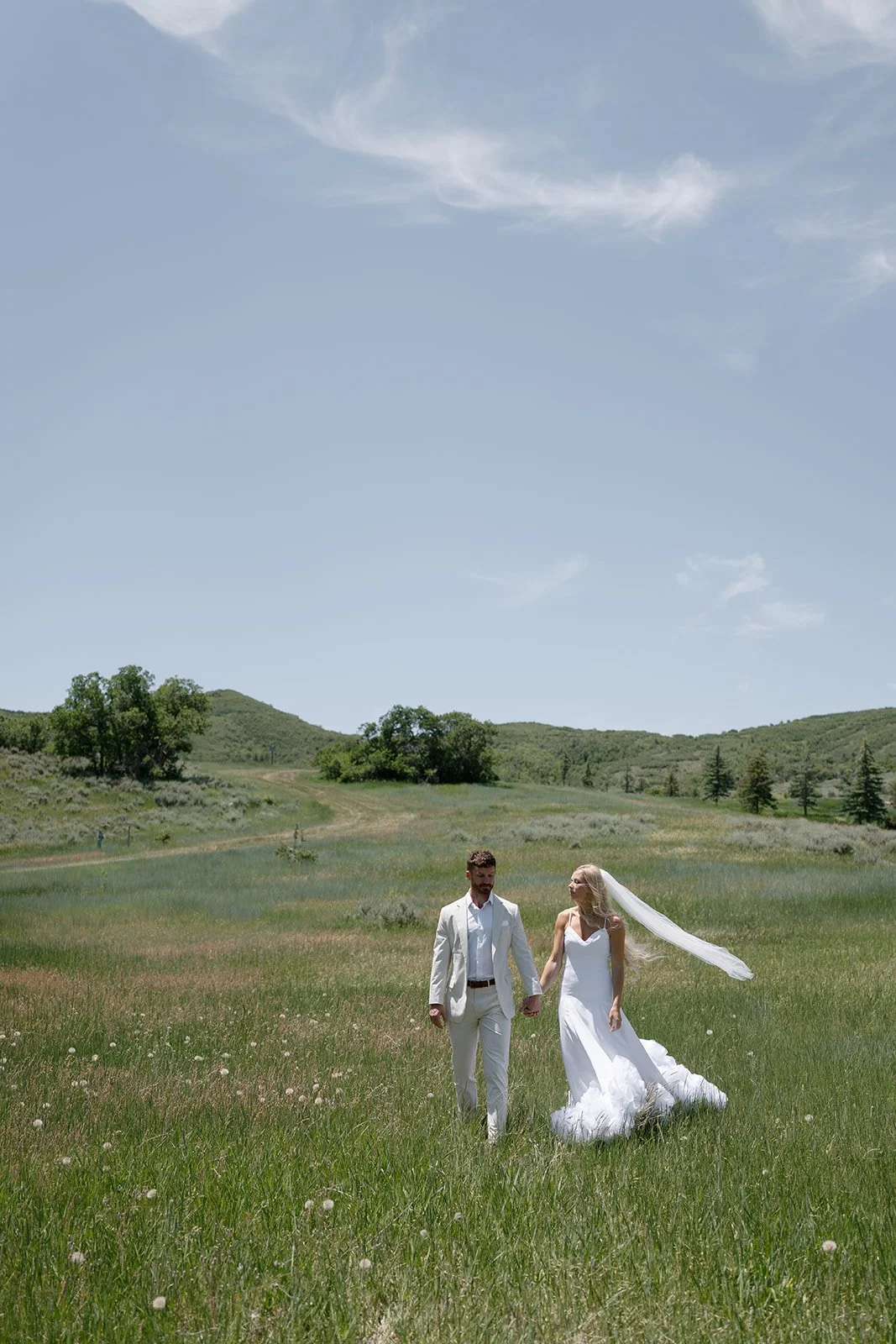 A couple in wedding attire walking hand in hand across a lush green field under a partly cloudy sky with mountains in the background.