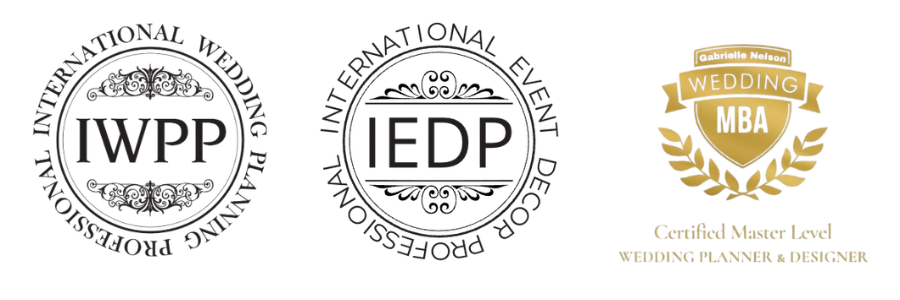 Logos of WDP and EDP with an emblem that says 'Wedding MBA' surrounded by a shield and gold laurel branches.