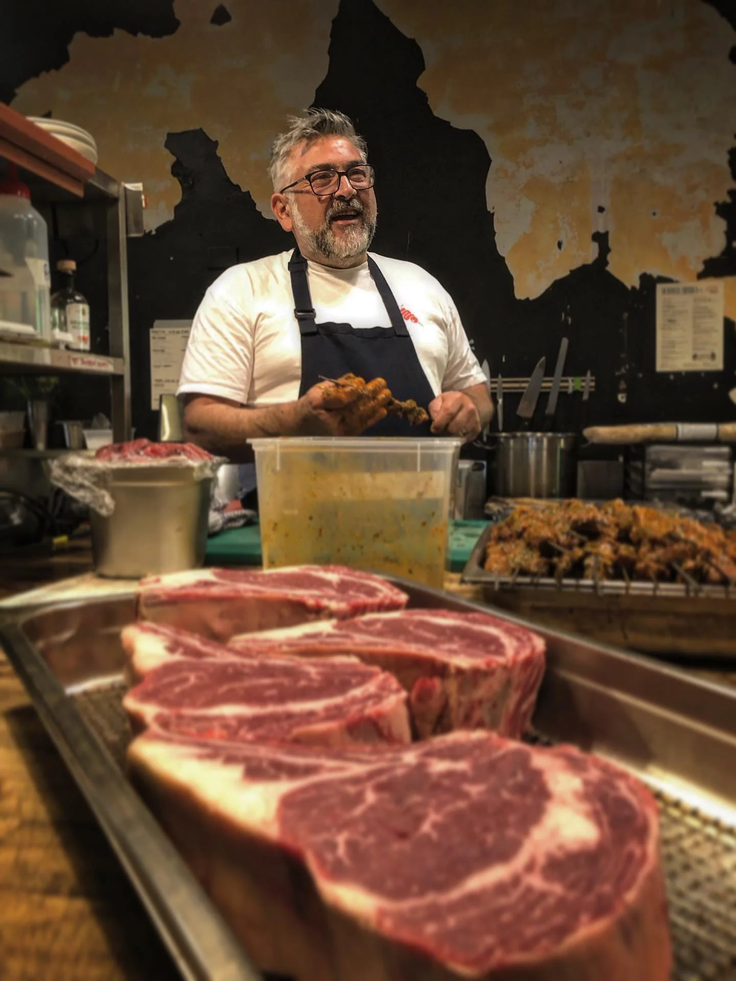 Chefs Frank and Hal getting the steaks and skewers ready for today&rsquo;s barbeque.

Wonderful slabs of Galacian style aged beef and aromatic moorish lamb skewers are on the grill today and tonight.

Fun and yum.