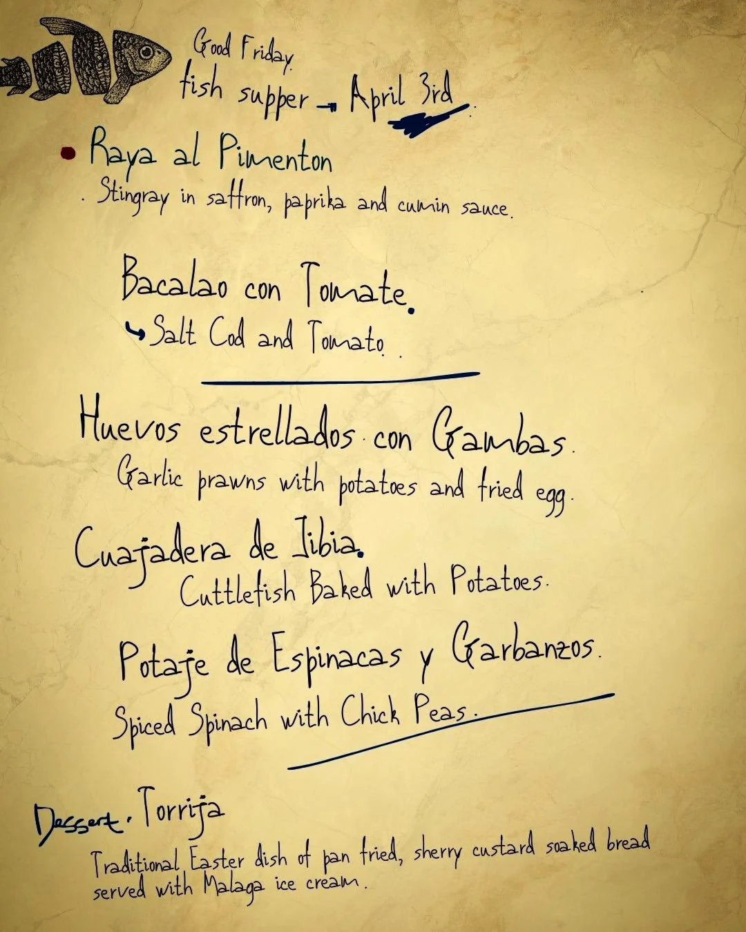 Good Friday, Fish Supper.

Menu coming together for this Friday.
Lunch &amp; Dinner menus will largely resemble this!
Classic fish &amp; seafood dishes from across Spain.

Full a la carte menu also available on Friday if you&rsquo;re not feeling fish