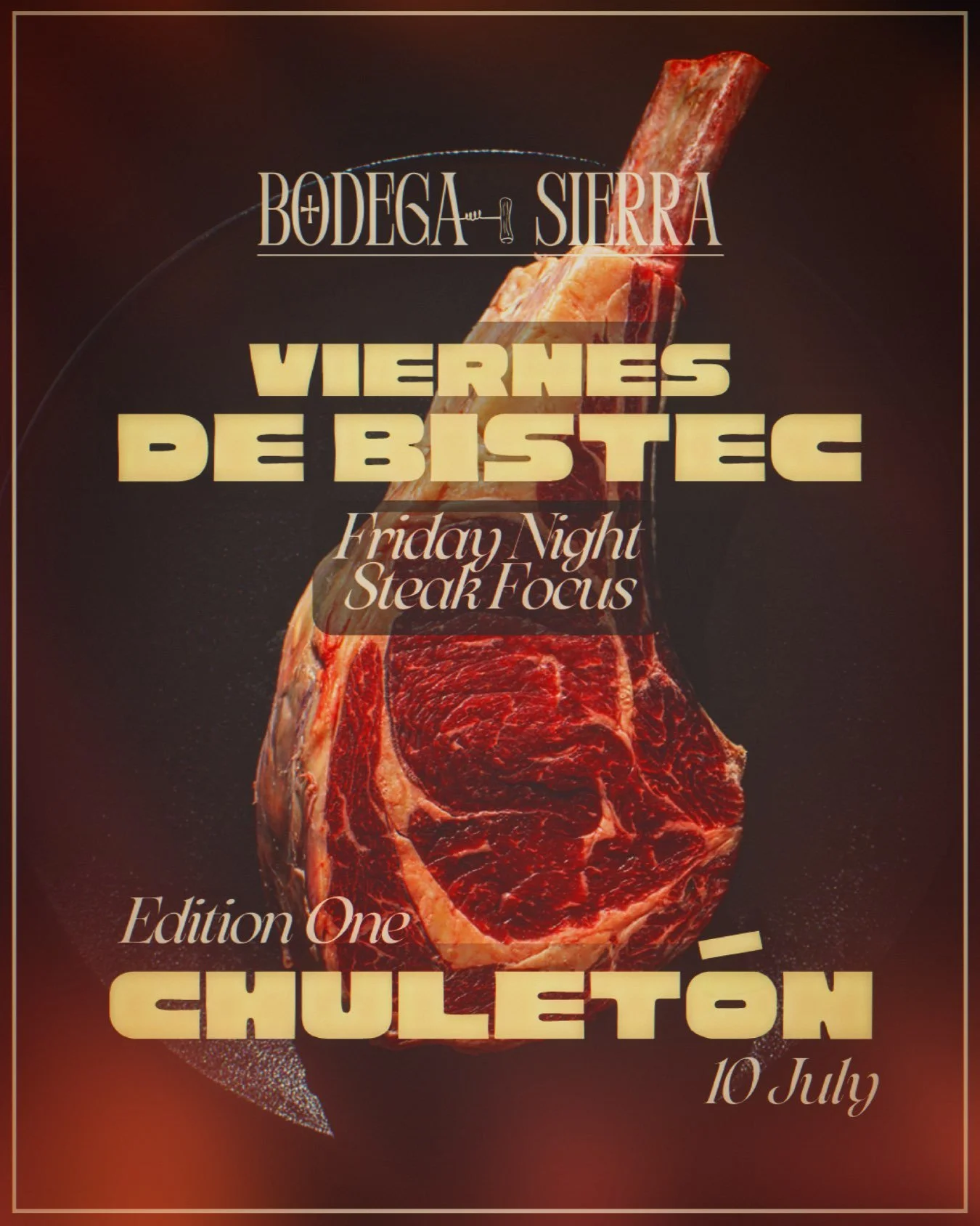 Friday nights.

Last week of Edition One - CHULET&Oacute;N

Get in this Friday 10th July and try a delicious @vintagebeefco Galiciana Rib-eye with all the trimmings. 

A range of different sizes will be available but first come best dressed - once th