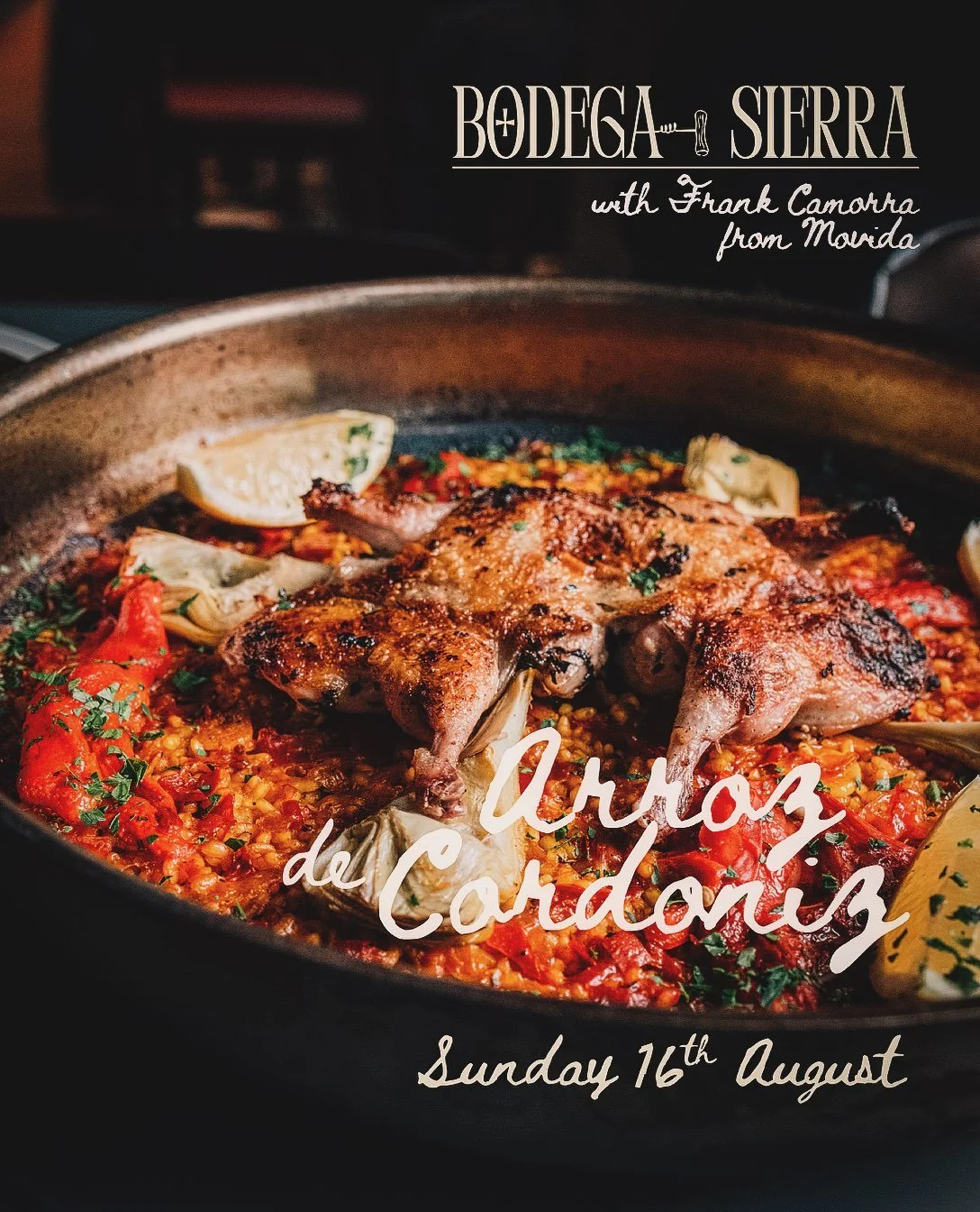 This Sunday 16th August 
ARROZ de CORDONIZ - C&oacute;rdoba, Andaluc&iacute;a 
Wet Rice with Brisbane Ranges Quail and Artichokes.

Frank Camorra&rsquo;s Arroz de Codorniz draws on the rustic, game-based rice cooking of inland C&oacute;rdoba, traditi
