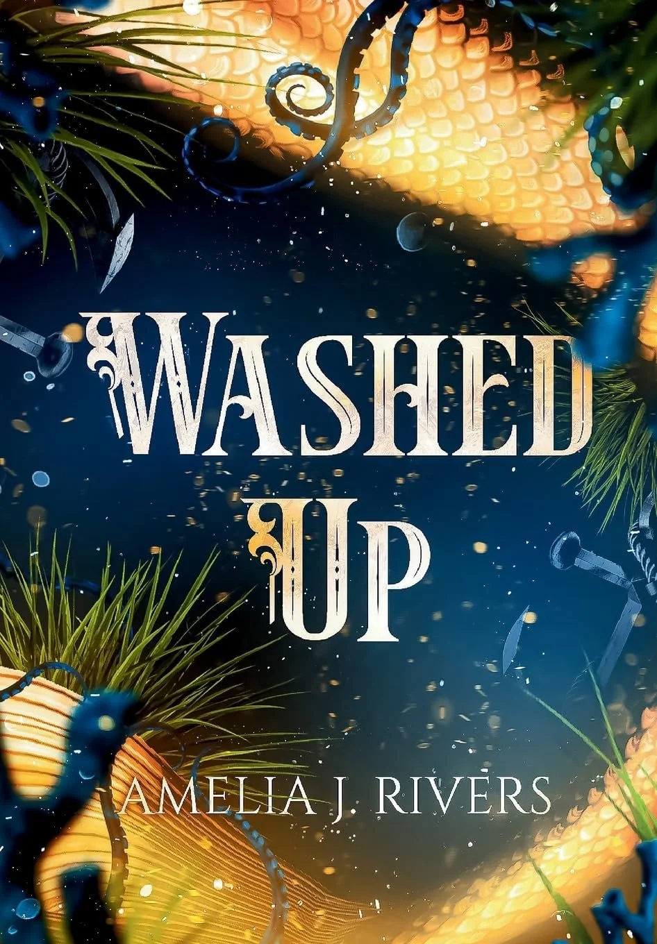 Image shows a blue book cover with a mermaid tail and the words WASHED UP: Amelia J. Rivers