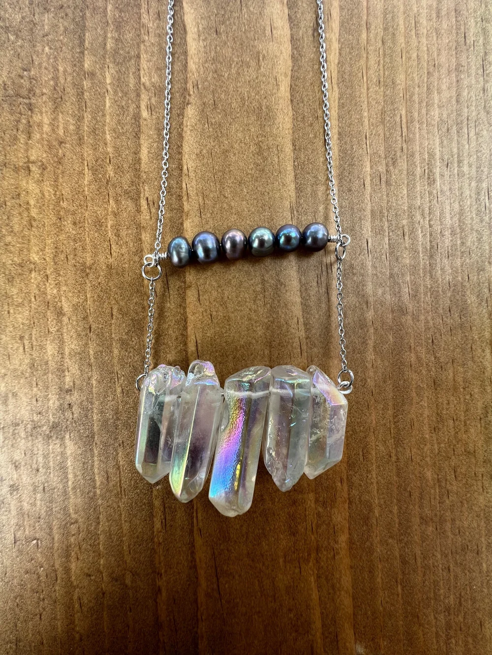 Mystical Iridescent Crystal and Dyed Pearl Necklace (Silver