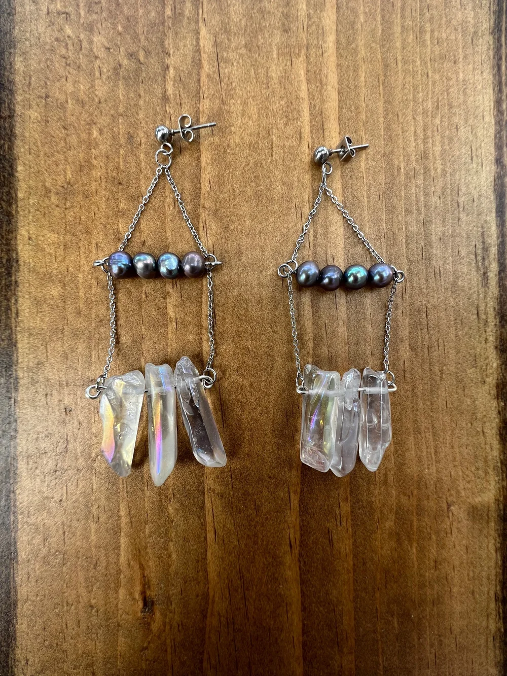 Mystical Iridescent Crystal and Pearl Earrings (Silver