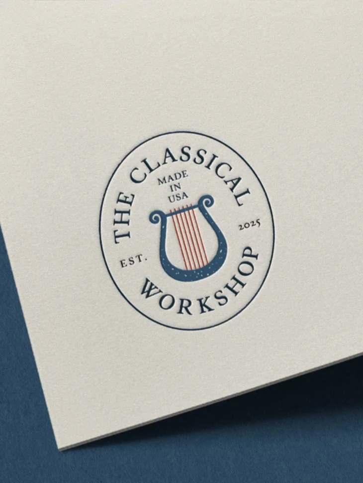 Brand identity design for a children’s brand, showcasing a logo with a lyre, red strings, and circular text reading “Made in USA 2025.