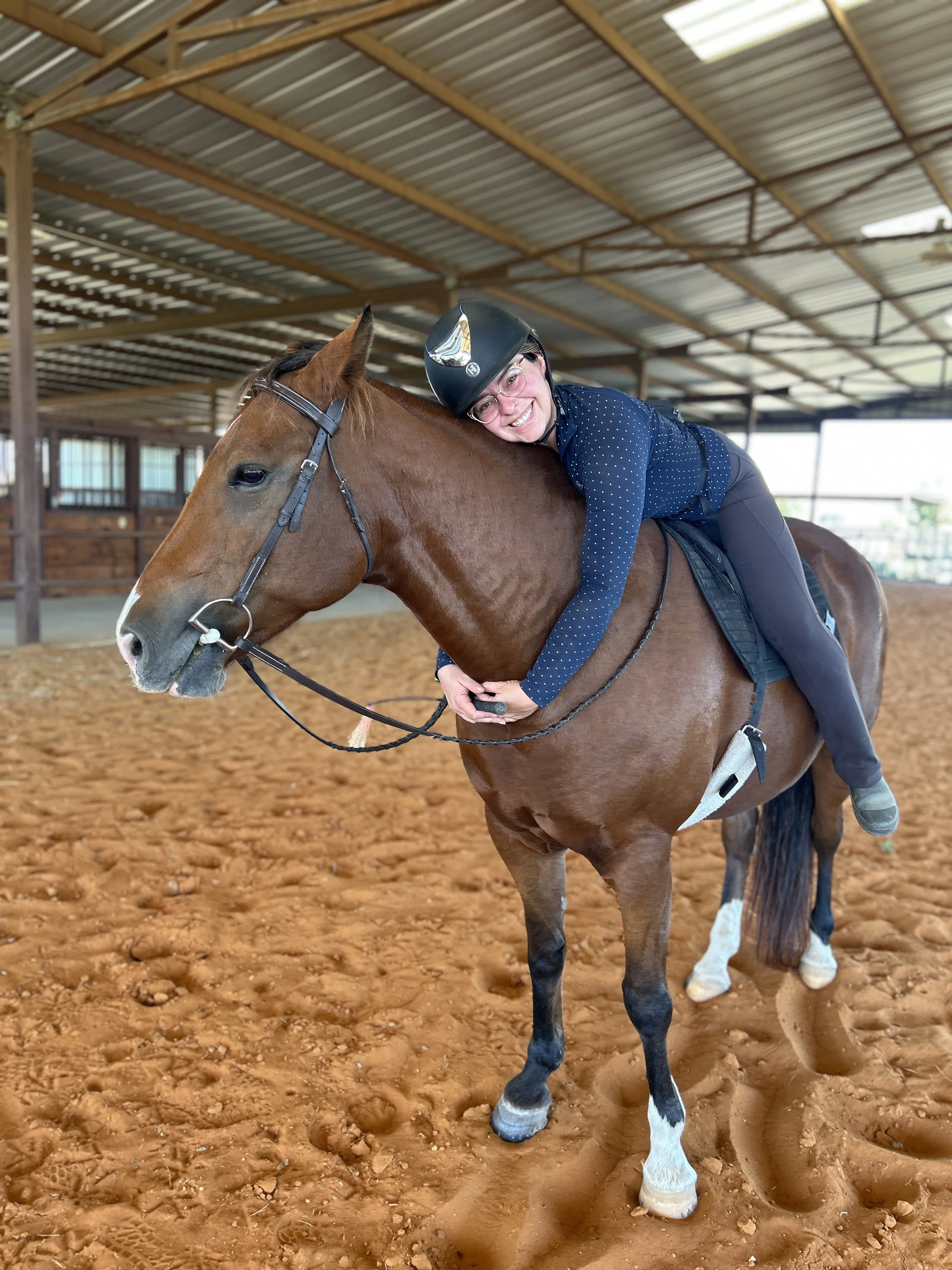 Woman on a brown horse hugging It