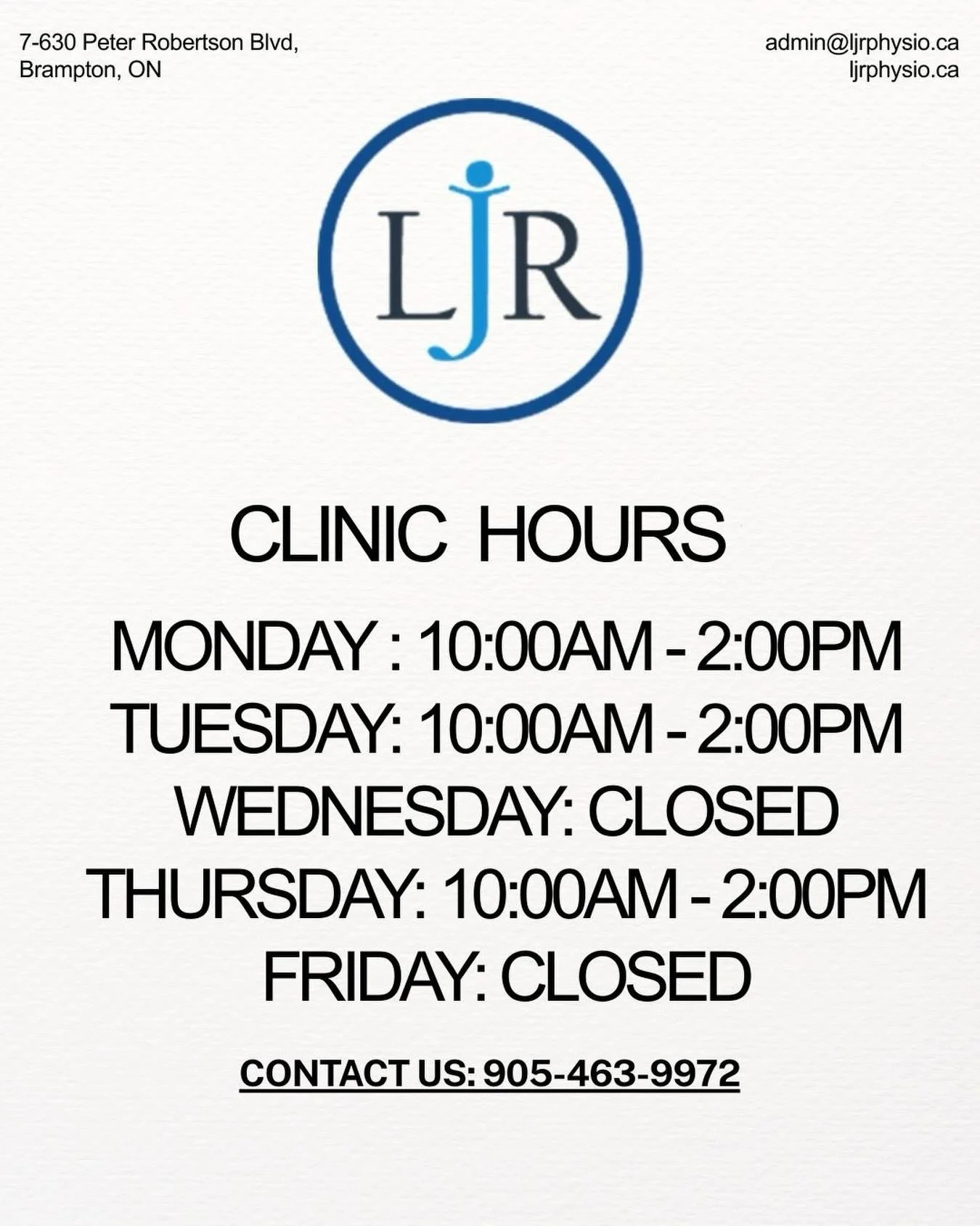 Happy January! Check out our new hours for the month of January. We&rsquo;re here to support your recovery. Give us a call today to book your appointment with LJR Physio.