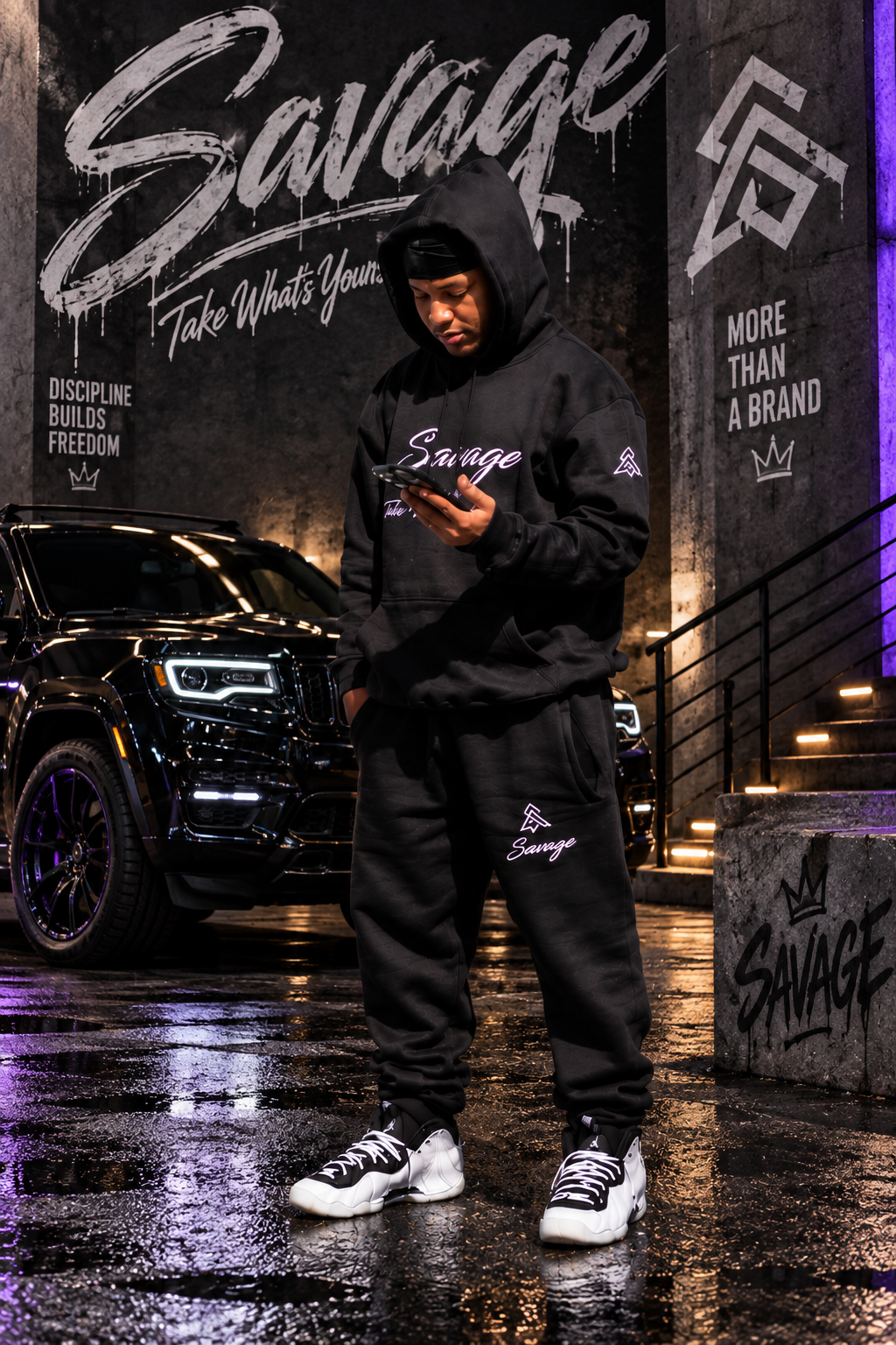 A young man dressed in black athletic clothing with the word "Savage" on his hoodie and sweatpants, standing on a wet pavement in front of a black luxury SUV, looking at his phone in an urban setting with dim lighting and graffiti on the wall.
