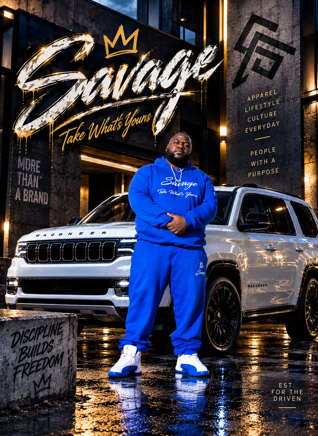 A man wearing a blue hoodie and sweatpants stands in front of a white Jeep Wagoneer with a tall building and a large illuminated sign behind him. The sign reads 'Savage' and 'Take What's Yours' with additional motivational words on the building. The scene is wet and rainy, with reflections on the ground.