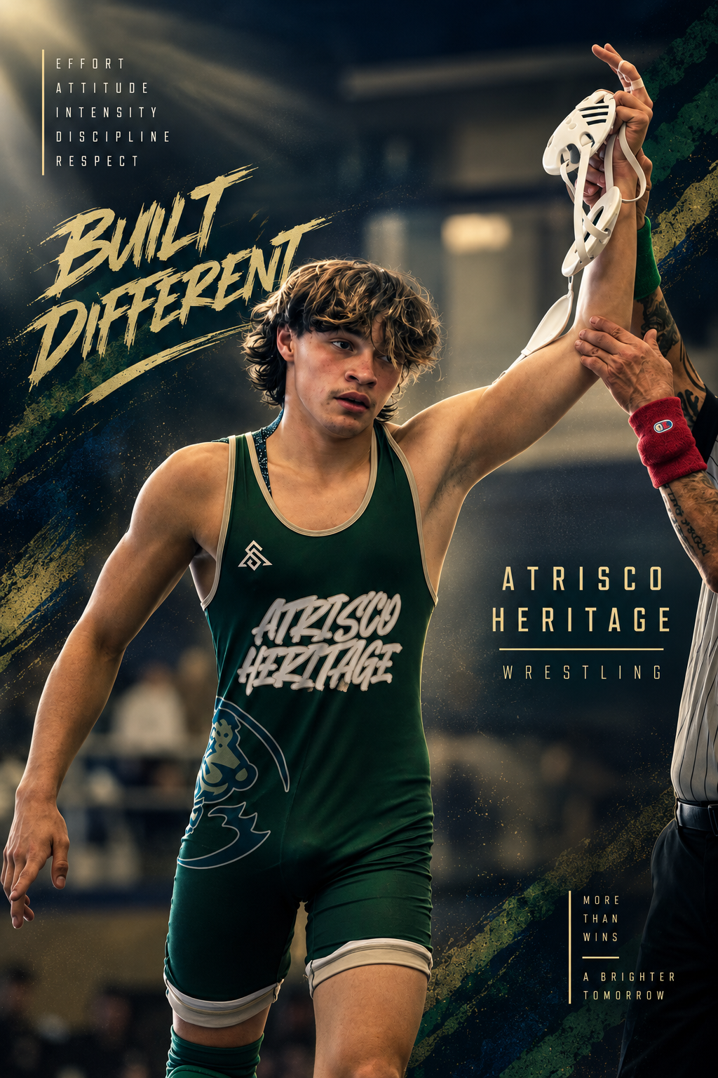 A young male wrestler in a green singlet with 'ATIZISCO HERITAGE' written on it, being awarded a victory in a wrestling match.