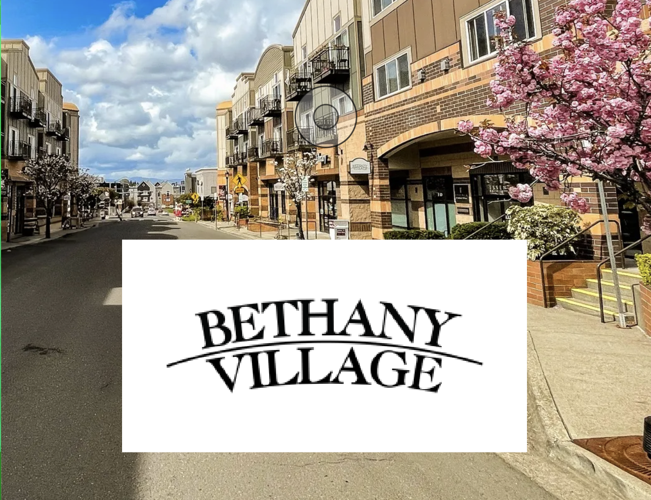 Bethany Village downtown, with the Bethany Village logo overlaid.