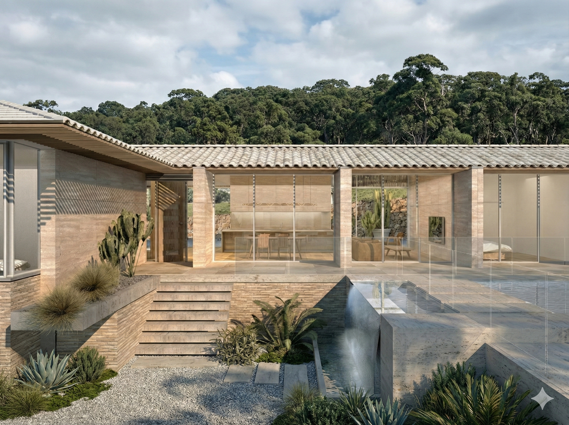 Modern house with a glass railing, outdoor water feature, and desert plants, view of trees in the background under a partly cloudy sky.
