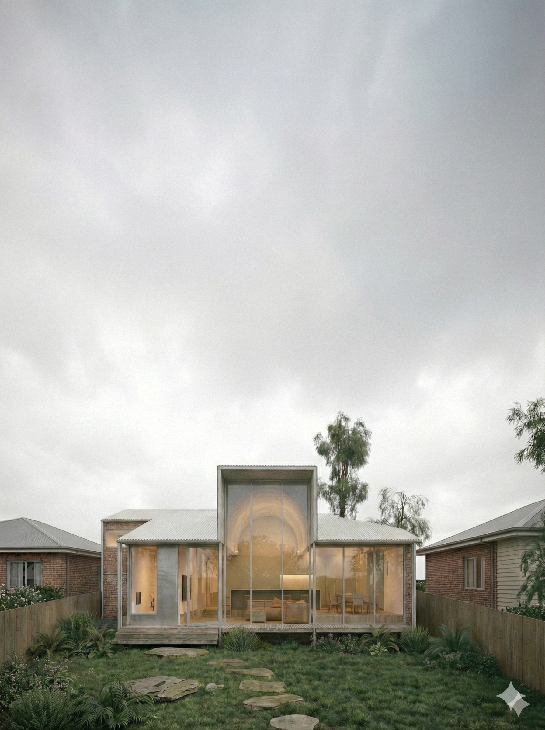 A light-filled extension to a family home in Reservoir. The design overcomes a south-facing aspect with a clever folded roof that scoops light into the kitchen and connects the living zone to the garden.