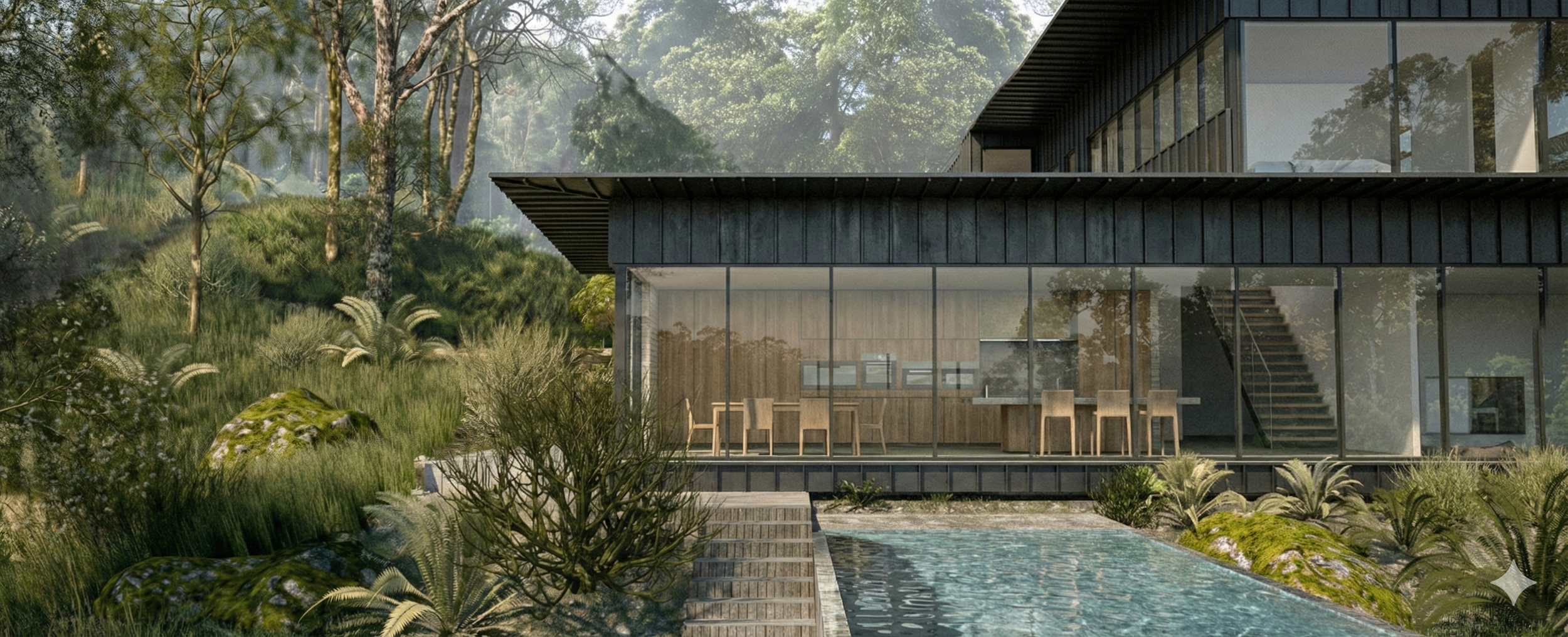 Modern house with large glass windows, second-story balcony, surrounded by lush greenery, with a pool in the foreground.