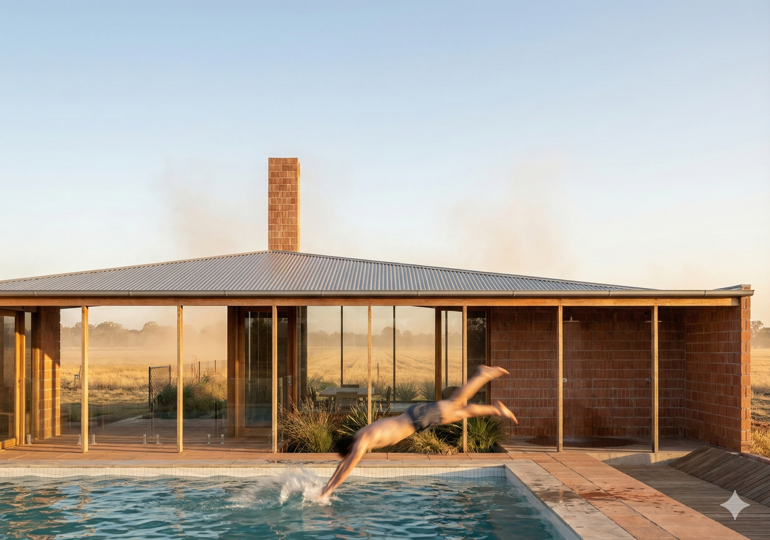 A person jumping into a swimming pool in front of a modern house with large glass windows and a brick chimney, during sunset.
